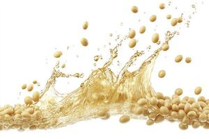 Soybeans Splashing in Liquid with White Background for Food Advertising photo