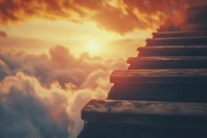 Stairway Leading to Heavenly Sunset Above the Clouds in the Sky photo