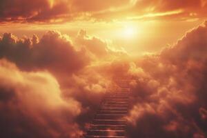 ascendente escalera a radiante ligero en nubes y naranja cielo foto