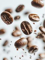 Floating Coffee Beans with Scattered Grounds on a Light Background photo