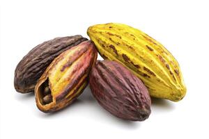 Cocoa Pods Variety Displayed on White Background Representing Chocolate Ingredient photo