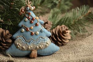 Handmade Christmas Tree Ornament with Pine Cones and Burlap photo