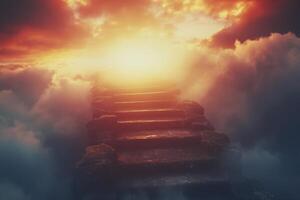 Stone Stairway Leading to Bright Light Above Clouds in Sky photo