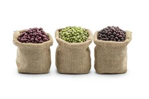 Beans in Burlap Sacks Three Types of Dry Beans Isolated photo