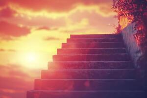 Climbing Concrete Steps Towards Bright Sunset Sky Achievement and Hope photo