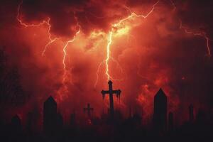 Dramatic Lightning Strikes Above Graveyard with Tombstones and Crosses at Night photo