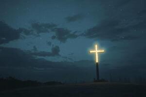 Illuminated Christian Cross Against Dark Night Sky with Stars and Clouds photo