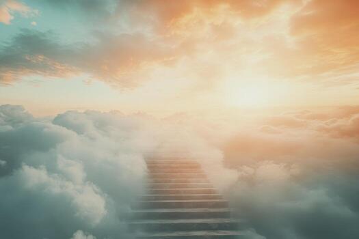 Ascending Stairway Through Clouds to Bright Light Dreamlike Destination photo