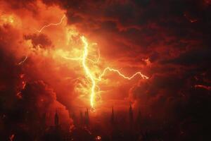 Lightning Strikes Over Apocalyptic Cityscape with Dramatic Red and Black Clouds photo