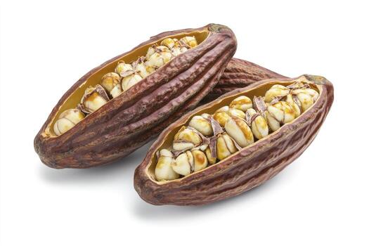 Close-up of Cut Cocoa Pods Showing Beans on White Background photo