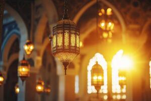 Ornate Hanging Lanterns Illuminating an Islamic Architecture Interior with Warm Light photo