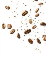 Falling Roasted Coffee Beans on White Background for Product Presentation photo
