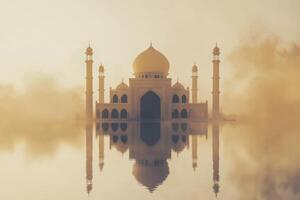 Taj Mahal Reflecting in Water on a Foggy Morning in India photo