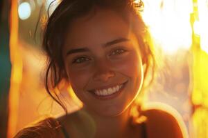 Smiling Woman Portrait Bathed in Warm Light with a Sunlit Bokeh photo