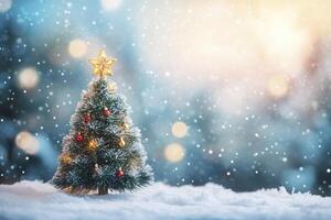 Decorated Christmas Tree in Snow with Bokeh Lights and Falling Snowflakes photo