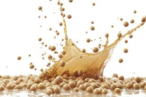 Creating Splash with Brown Liquid and Small Balls on White Background photo