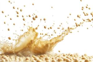Beige Liquid Splashing with Droplets on White Background for Beverage Ads photo