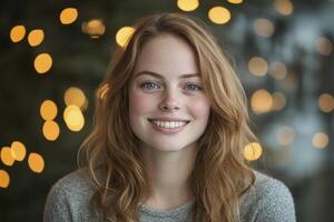 Smiling Redhead Woman with Freckles and Bokeh Lights Background Portrait photo