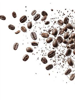 Coffee Beans Floating with Grounds on a White Background for Branding photo