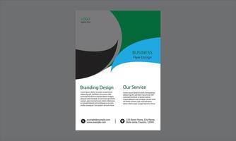 This is a business flyer design with a green, blue, gray, and white color scheme. vector