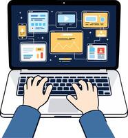 Hands Typing on Laptop with Multiple Webpage Designs vector