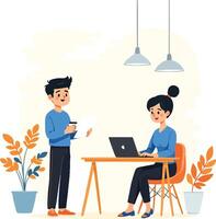 Two colleagues collaborating in a modern office setting. vector