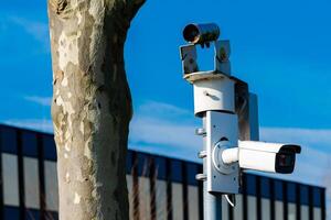 A surveillance camera is mounted on a pole near a tree in an urban photo