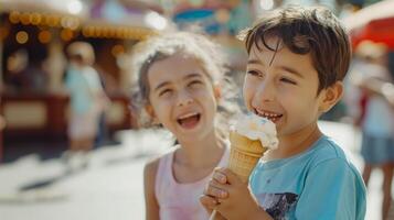 Two children eating ice cream in front of a carnival photo