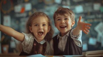 Two children are smiling and waving in front of a chalkboard photo