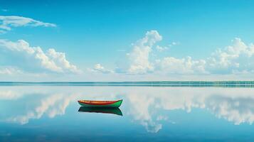 A boat floating on a calm lake with clouds in the sky photo