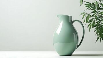 A green vase with a plant in front of it photo