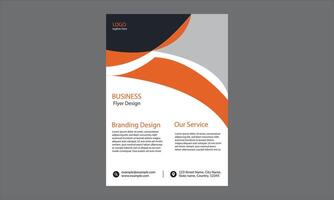 business flyer design presents a modern, sleek, and professional layout with a curved, dynamic flow. The use of bold orange, black, gray, vector