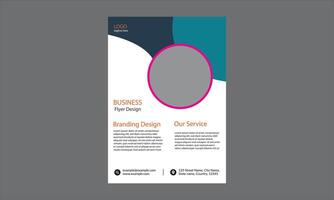 This business flyer design is modern, clean, and visually dynamic, incorporating a bold color palette of dark blue, teal, magenta, white, and orange. vector