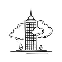 A skyscraper building partially covered by drifting nimbus clouds vector