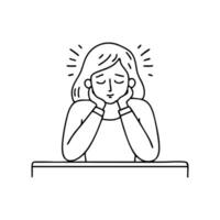 Figure resting their head on their arms over a table with discomfort expression vector