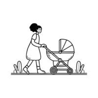 Nanny pushing a stroller along a park pathway vector