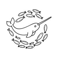 Narwhal circling a school of fish in the deep ocean vector