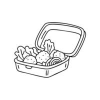 Nuggets served in a lunchbox with vegetables and fruit vector
