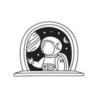 An astronaut observing Neptune through a spaceship window vector