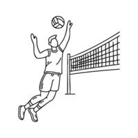 A volleyball player powerfully smashes the ball over the net vector