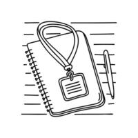 Name tag on a lanyard resting on a desk beside a notebook vector