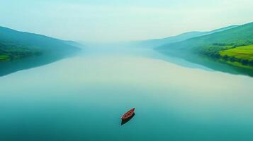 A boat floating in a calm lake photo