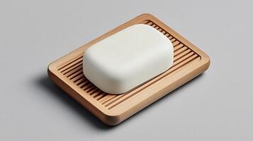 A soap bar on a wooden tray with a wooden handle photo