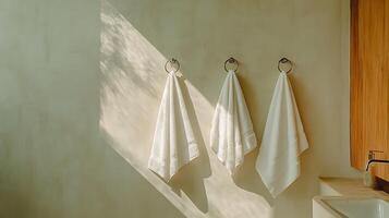 Three towels hanging on hooks in a bathroom photo
