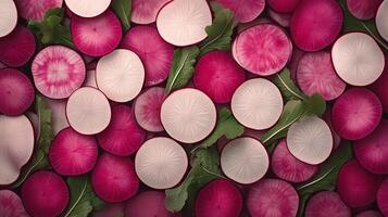 Radishes are arranged in a pattern on a table photo