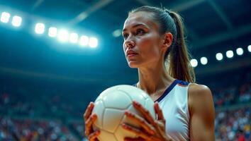 Volleyball player holding ball, getting ready to serve in a crowded arena photo