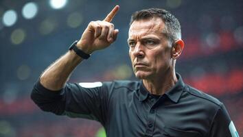 Soccer referee pointing upwards during match in stadium photo
