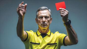 Soccer referee showing red card and ordering player off field photo