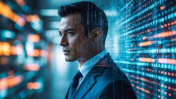 Businessman analyzing big data and computer code in futuristic server room photo