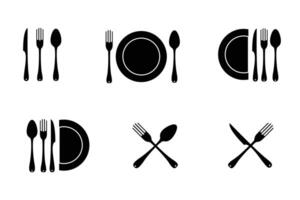 Set of fork, knife, spoon. Cutlery and crockery sign. Tableware icon. Logotype menu. Silhouette of cutlery. Thin line icon. Set in flat style. Eating utensils set symbol. vector